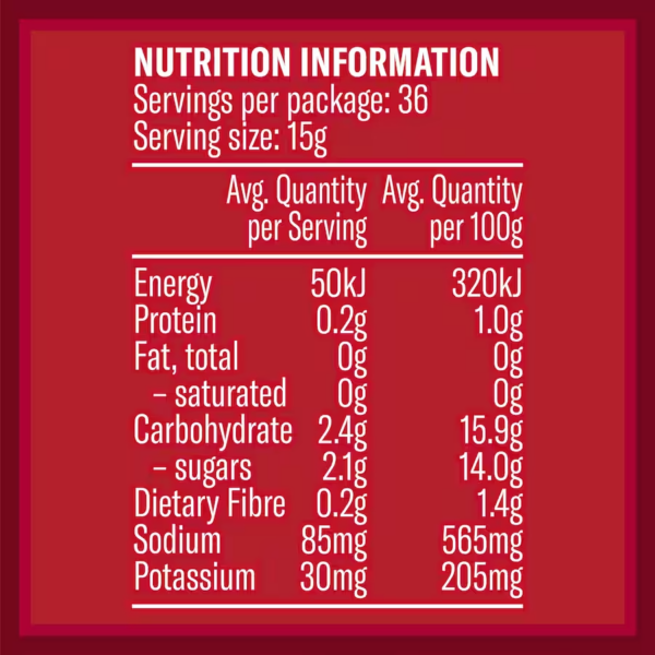 Watties Upside Down Tomato Sauce 50% Less Sugar 540g Nutritional