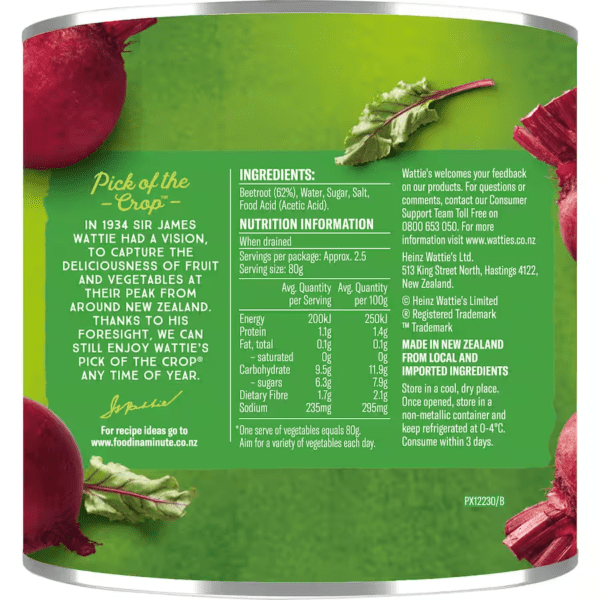 Watties Sliced Beetroot 450g Nutritional Information