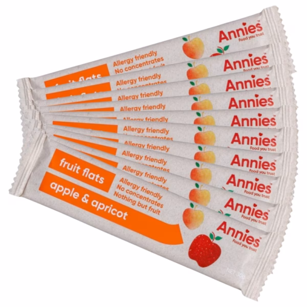 Pack of Annie's apple and apricot fruit flats with allergy-friendly labels and no concentrates.