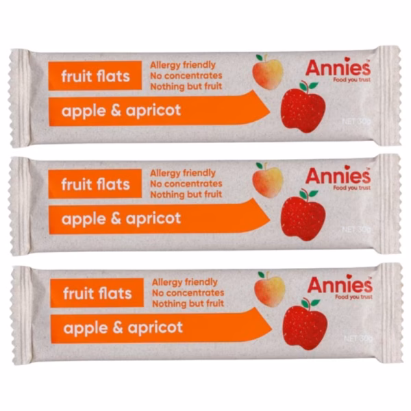 Three packs of Annie's fruit flats with apple and apricot flavour, allergy friendly and made from fruit.