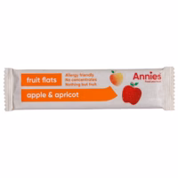 Annies fruit flats packaging featuring apple and apricot flavours with allergy-friendly label.