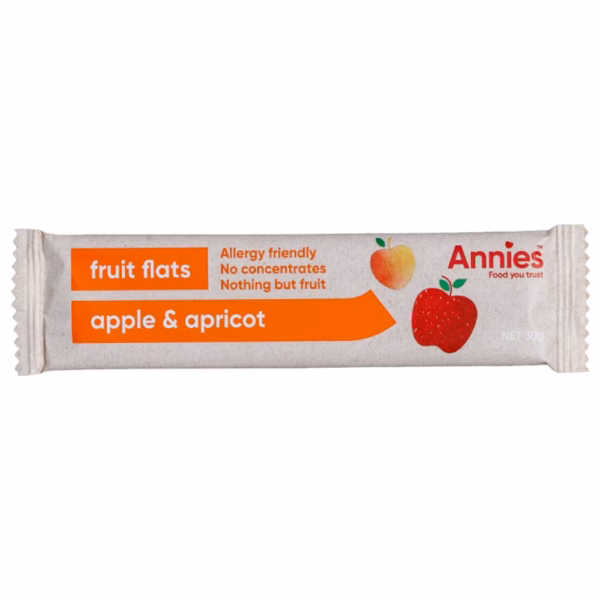 Annies fruit flats packaging featuring apple and apricot flavours with allergy-friendly label.