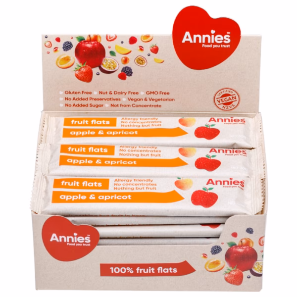 Box containing 30 x 30g Annies apple and apricot fruit flats with packaging details visible.
