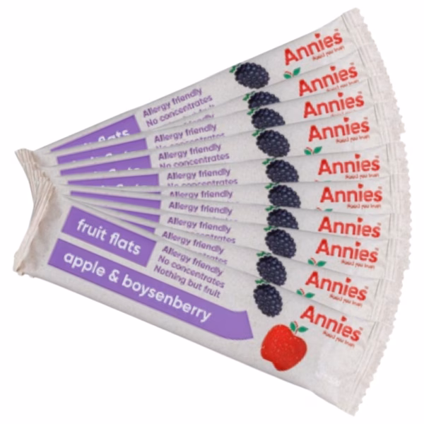 Pack of Annies apple and boysenberry fruit flats with allergy-friendly labels.
