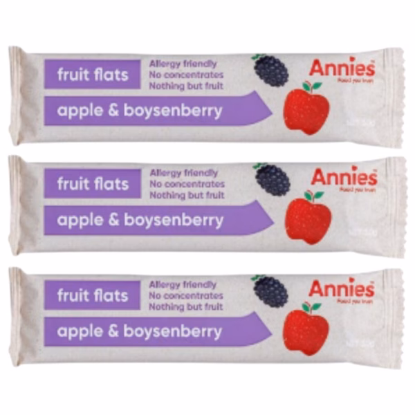 Three individual packs of Annies apple and boysenberry fruit flats with allergy-friendly label.