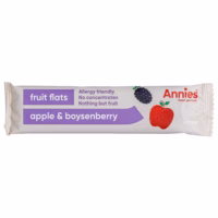 Annie's fruit flats packaging featuring apple and boysenberry flavour with allergy-friendly label.