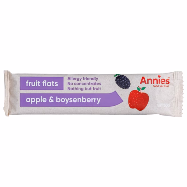 Annie's fruit flats packaging featuring apple and boysenberry flavour with allergy-friendly label.
