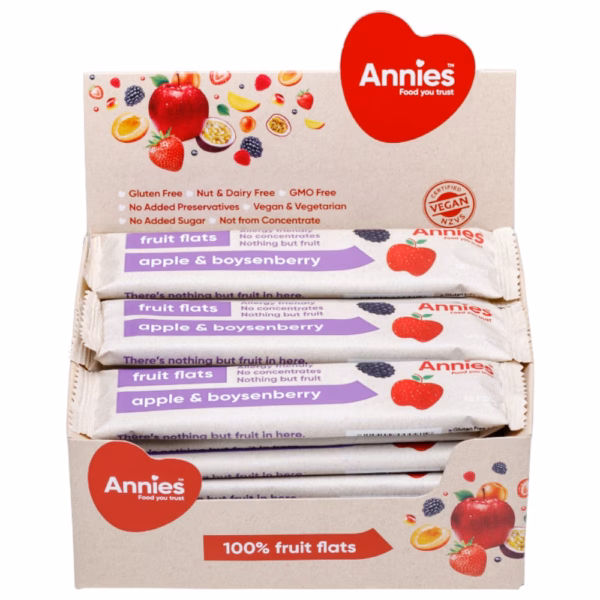 Box of Annies 100% fruit flats in apple and boysenberry flavour with packaging visible.