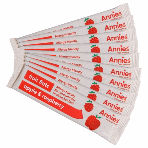 Pack of Annie's fruit flats in apple and raspberry flavour, featuring allergy-friendly packaging.