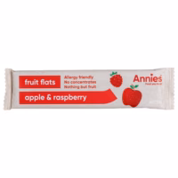 Annies fruit flats packaging featuring apple and raspberry flavour with allergy-friendly label.