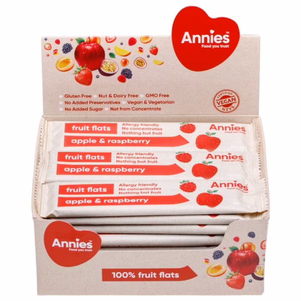 Display box containing Annie's 100% fruit flats in apple and raspberry flavour.