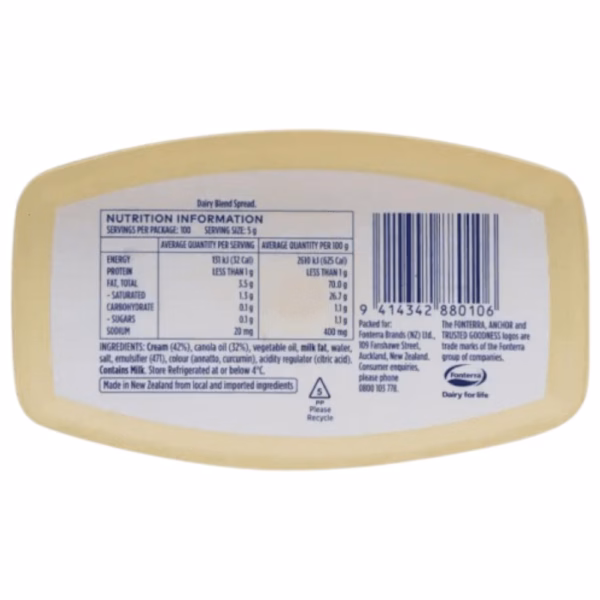 Nutrition information label on the back of a dairy blend spread container.