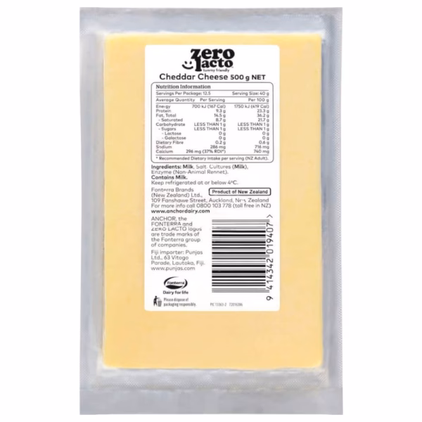 Packaging of Zero Lactose Cheddar Cheese weighing 500 grams with nutritional information.