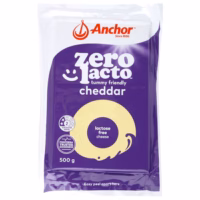 Pack of Anchor Zero Lactose Cheddar Cheese weighing 500 grams with a purple design.