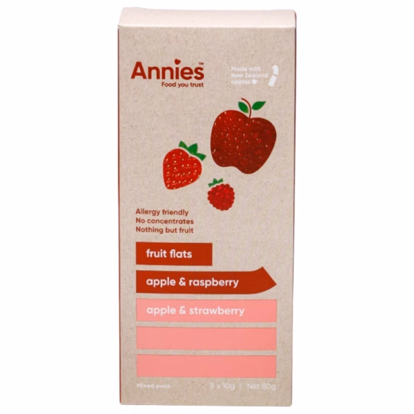 Box of Annie's Fruit Flats containing apple and raspberry, and apple and strawberry flavours.