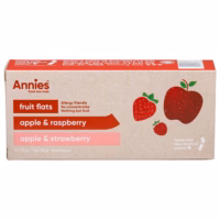 Box of Annie's fruit flats featuring apple and raspberry flavours, containing eight 10g packs.
