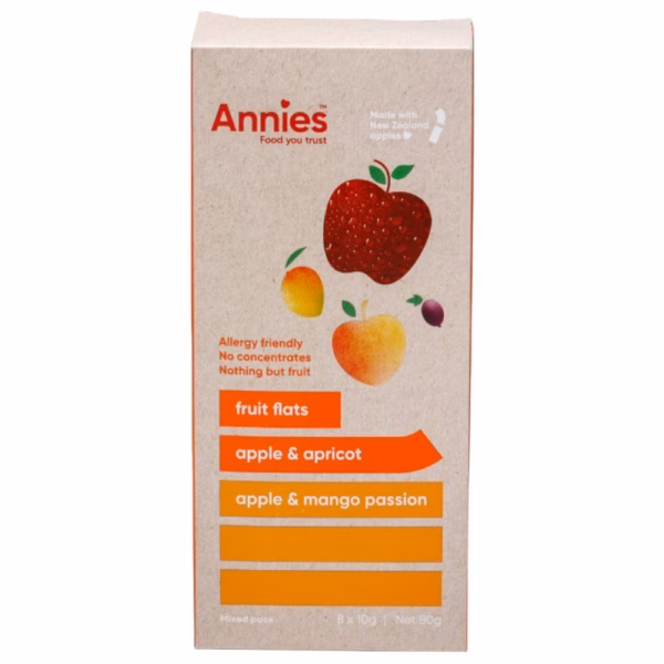 Box of Annie's Fruit Flats containing apple & apricot and apple & mango passion flavours, with a fruit illustration on the front.
