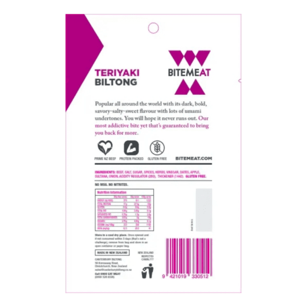 Canterbury Biltong (Jerky) Teriyaki Bite Meat 50g Nutritional Information
