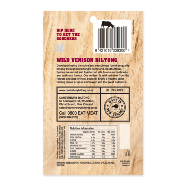 Canterbury Biltong (Jerky) Venison 40g Nutritional Information