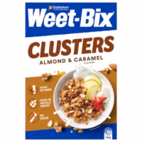 Box of Weet-Bix Clusters cereal with almond and caramel flavour, featuring a bowl of cereal with fruit.