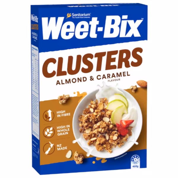 Box of Weet-Bix Clusters cereal in almond and caramel flavour with a bowl of cereal on the front.
