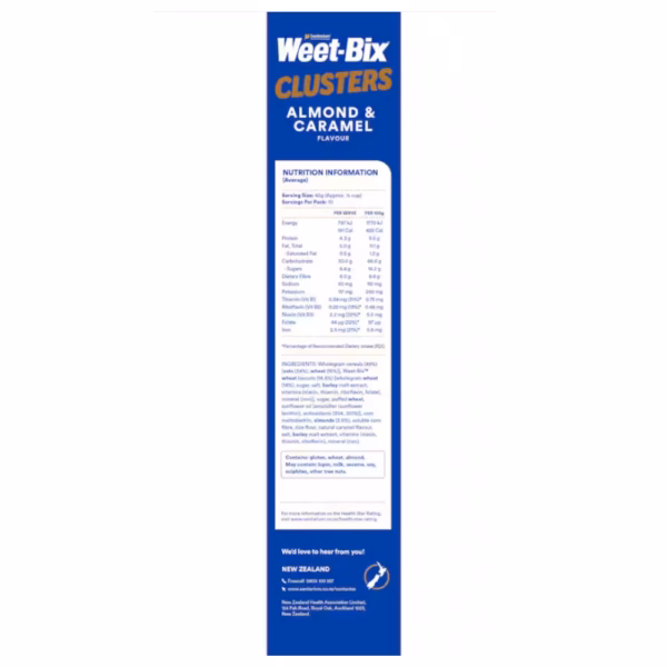 Packaging for Weet-Bix Clusters in almond and caramel flavour with nutritional information.