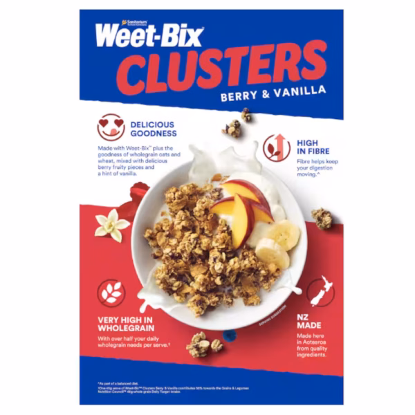 Weet-Bix Clusters Berry and Vanilla cereal packaging featuring a bowl of cereal with fruit slices.