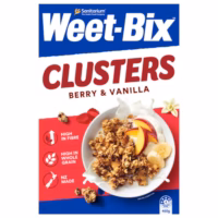 Box of Weet-Bix Clusters cereal with berry and vanilla flavour featuring a bowl of cereal with fruit.