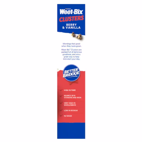 Packaging of Weet-Bix Clusters Berry and Vanilla featuring nutritional information and branding.