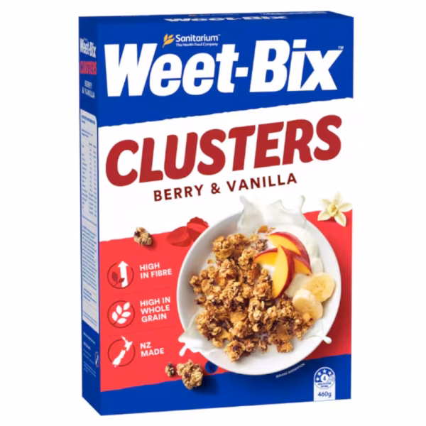 Box of Weet-Bix Clusters cereal featuring berry and vanilla flavour with a bowl of cereal and fruit.