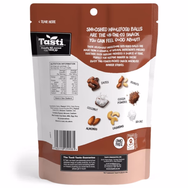 Back of a Tasti Smashed Wholefood Balls snack pack with nutritional information and ingredients listed.