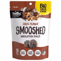 Pack of Choc Peanut Smooshed Wholefood Balls with a big value label and nutritional information.