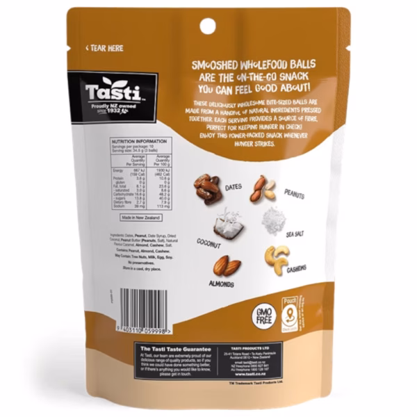Back view of Tasti Smashed Wholefood Balls packaging with nutritional information and ingredients listed.