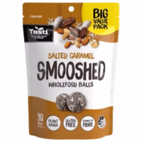 Pack of salted caramel wholefood balls with nuts and seeds, labelled as plant-based and gluten-free.